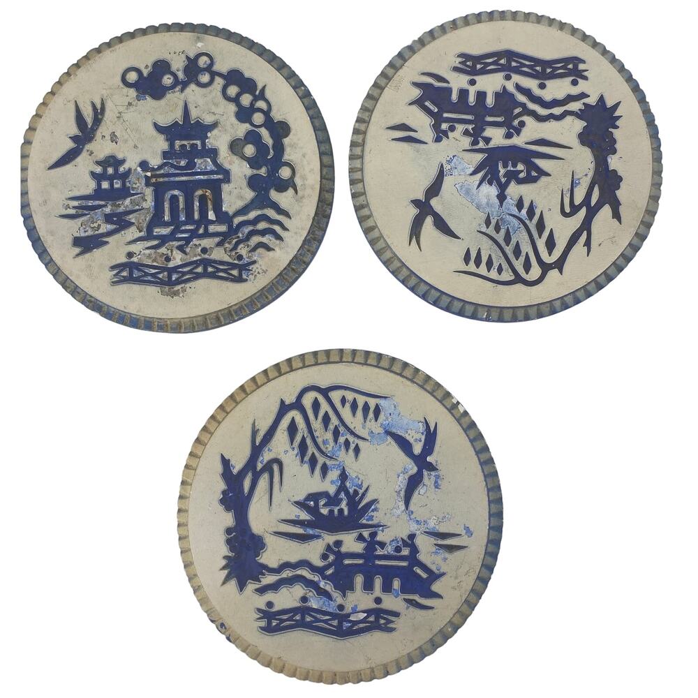 set 3 Miller Studio 1964 Asian Chinese Art Chalkware Wall Plaques Blue & White